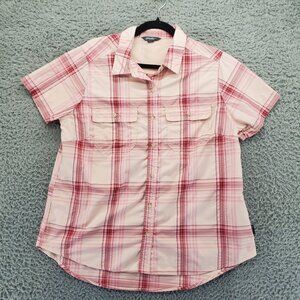 Eddie Bauer Shirt Womens Large Pink Plaid Button-Up Lightweight Polyester/Nylon